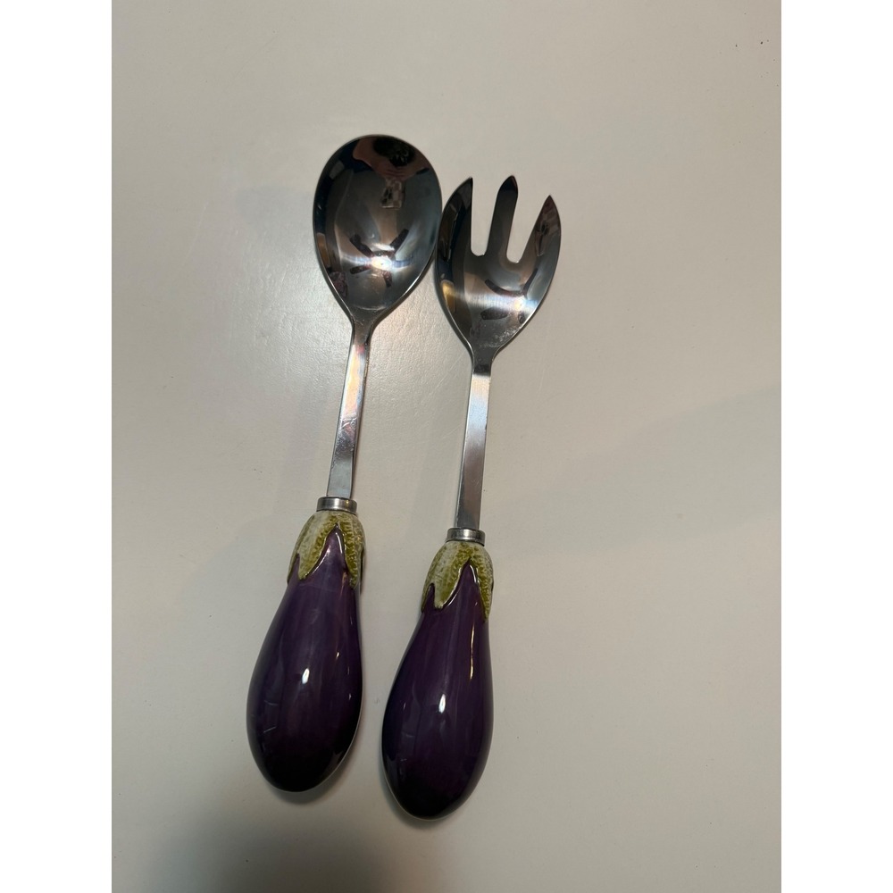 Stainless Steel Eggplant Salad Servers Set Purple Vegetable Handle Spoon Fork